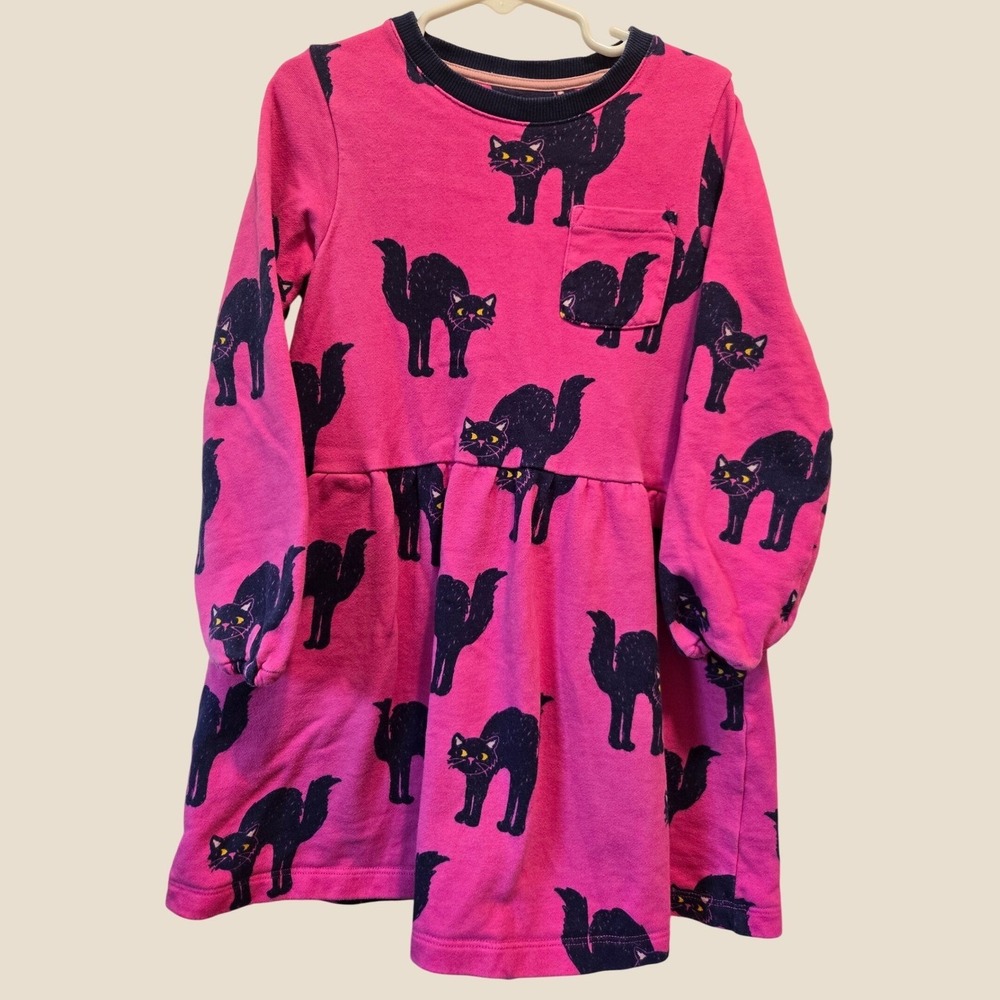 Mini Boden Kids Pink Black Cat Print Sweatshirt Dress Halloween Long Sleeve 6-7Y